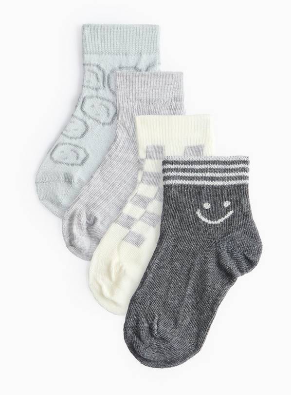 Grey Smiley Face Print Socks 4 Pack 1-6 months